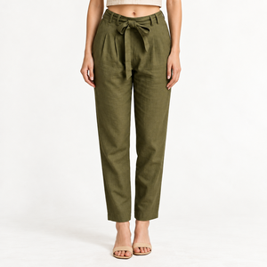 <b>Women's</b> Casual <b>Linen</b> Pants Drawstring Mid Waist ODM Breathable Eco-Friendly Anti-Wrinkle Comfortable Fit 100% <b>Linen</b> Ankle-Length - Product Image 4