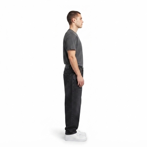 Jeans Holgados Personalizados OEM para Hombre, Talla Grande, 14oz, 100% Algodón, Denim Crudo Negro, Estilo Urbano, Logotipo Bordado, Botones con Efecto Desgastado - Product Image 3