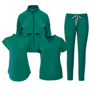 Women's Green <b>Scrub</b> <b>Set</b> With Zip-Up Jacket V-Neck Top And Drawstring Pants Hospital Uniforms Polyester Knitted Fabric - Product Image 1