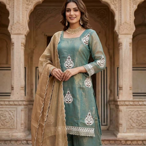 Green Heavy Fendy Silk <b>Women's</b> Graduation Ensemble Modern Style Regular Fit <b>Kurta</b> with Dupatta-Quick Dry Fabric - Product Image 1