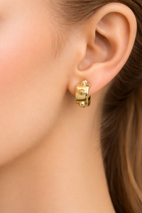 Handcrafted Gold Plated Brass Semi-Lunar Hoop Stud <b>Earrings</b> with Cone Accents Surgical Steel <b>Posts</b> Tarnish-Resistant Coating - Product Image 2