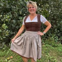 Robe Dirndl pour femme style bavarois, marron beige uni, tissée, écologique, col en V, manches courtes, longueur midi, coupe trapèze, avec tablier, costume folklorique, dentelle