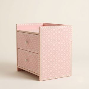 Light Pink Bone Inlay Bedside Table 2 Drawer Geometric <b>Trellis</b> Pattern Handmade Indian Luxury Nightstand Furniture - Product Image 4