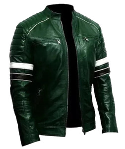 Veste de moto en cuir véritable vert pour homme, coupe ajustée, col montant, fermeture éclair intégrale, style motard avec plusieurs poches élégantes - Product Image 1