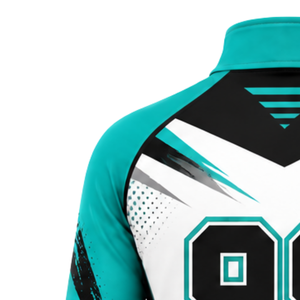 Veste de sport à col zippé turquoise, blanc et noir, à manches longues, pour l'entraînement athlétique et la course, performance optimale, vêtement de sport personnalisé, fermeture frontale. - Product Image 3