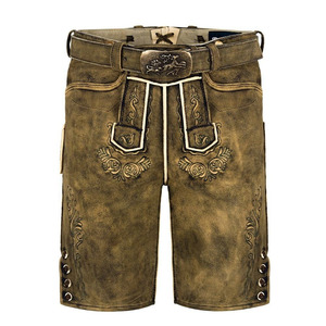 Shorts en cuir bavarois vert olive pour hommes, brodés, avec boucle de ceinture traditionnelle, pour costume d'Oktoberfest - Vente en gros - Product Image 1