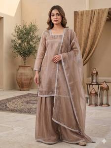 New Designer Party Wear Look Stylish Plazzo Suit Fendy Silk Material with Work <b>lace</b> Border and <b>Elastic</b> in - Product Image 5