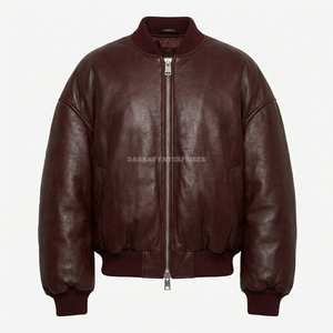 Custom Men <b>Burgundy</b> Bomber <b>Leather</b> <b>Jacket</b> Wholesale Oversized Sheepskin Flight Coat Winter Warm Padded Puffer Outwear - Product Image 1