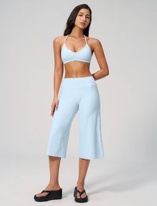 Ensemble de yoga 2 pièces bleu clair, haut court dos nu à col en V profond et pantalon taille haute mi-mollet, sans couture, en Spandex et Polyester - Product Image 5