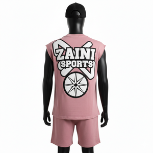 Ensemble short et t-shirt sans manches pour homme, coton jersey respirant, rose, avec logo personnalisé. - Product Image 2