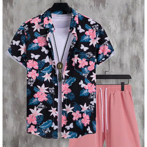 Ensemble chemise et short hawaïens à fleurs pour hommes, vêtements légers en polyester pour la plage et les vacances d'été - Product Image 1