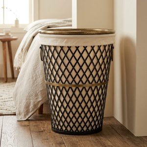 Handmade 42 cm Black Antique Brass Iron <b>Wire</b> <b>Basket</b> with Cotton Liner Heera Diamond Lattice Tapered <b>Storage</b> for Home Use - Product Image 2