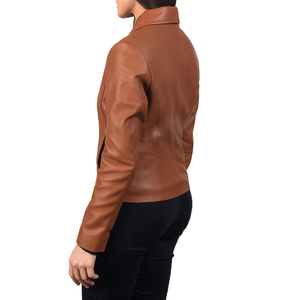 Chaqueta de Cuero Genuino Color Bronceado para Mujer, Cuello Clásico, Corte Ajustado, Cierre Frontal con Cremallera, Impermeable, Otoño Invierno, Calidad Premium, OEM ODM - Product Image 5