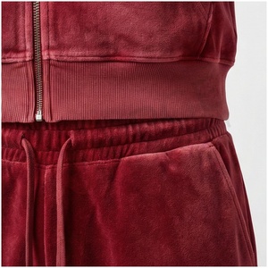 Unisex Red <b>Velour</b> <b>Tracksuit</b> Set Full Sleeve Hooded Zipper Front Solid Color Casual Winter Wear Regular Fit Adults - Product Image 5