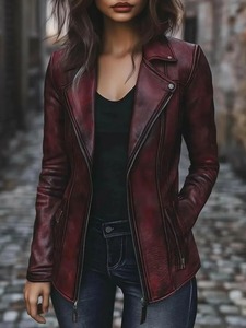Veste en cuir de mouton marron faite à la main pour femmes, veste de motard à fermeture éclair asymétrique - Product Image 1