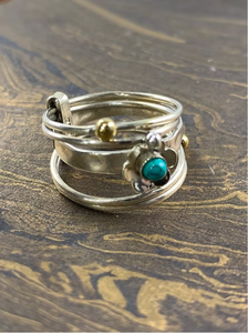 Handcrafted Flower Pattern 925 <b>Silver</b> <b>Stacking</b> Multi Band <b>Ring</b> Natural Turquoise Anniversary Jewelry for Women - Product Image 3