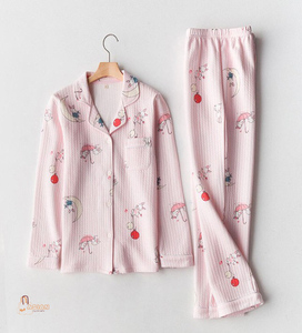 Ensemble de pyjamas pour femmes 100% coton, manches longues, imprimé cartoon, vêtements de nuit doux, longueur intégrale, boutons sur le devant, vêtements décontractés pour le printemps - Product Image 6