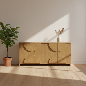 Buffet en bois moderne demi-cercle, meuble de rangement en bois à 4 portes avec panneau en arc, design moderne en arc - Product Image 4