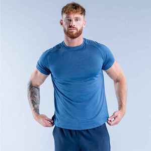 T-shirt pour homme bleu à col rond, manches courtes, coupe ajustée, décontracté, tricoté, couleur unie, séchage rapide - Product Image 2