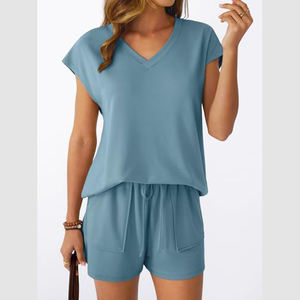 Conjunto de verano para mujer, diseño de cintura atractivo, color azul aguamarina, estilo informal, original, de alta calidad, con cuello en V y jersey. - Product Image 1