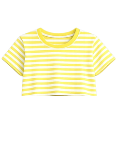 Ensemble crop top et short rayé jaune et blanc personnalisé pour femme – Tenue décontractée d'été deux pièces avec taille élastique – Vêtements de détente et streetwear OEM - Product Image 2