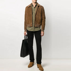 Blouson bomber en daim marron avec col en fausse fourrure, fermeture éclair, veste d'hiver pour homme, manches longues, épaisse, coupe-vent - Product Image 2