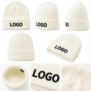 Unisex Cream Beanie Hat With Black Embroidered Logo Casual <b>Winter</b> <b>Cap</b> 100% Acrylic Adult Size 56-58CM - Product Image 2