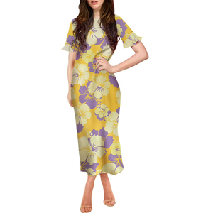 Vestidos de Manga Corta con Estampado de Flor de Hibisco Hawaiano, Vestidos Modernos para Damas, Vestido Midi Floral para Mujer - Product Image 1