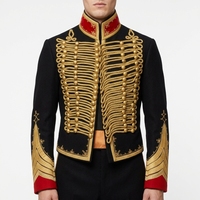 Veste de cérémonie pour homme, style hussard noir et or tressé, avec bordure rouge, pour défilé de fanfare, style napoléonien