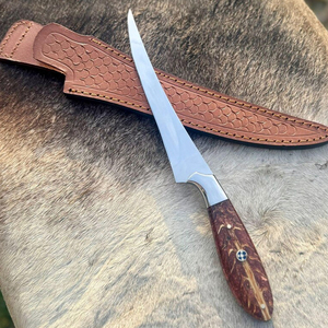 Cuchillo de filetear hecho a mano con hoja larga, estrecha y curva, utilizado para desollar, con funda de cuero genuino. - Product Image 2