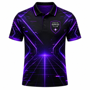 Nova Grid Club Men's Short Sleeve <b>Polo</b> <b>Shirt</b> Geometric Print Quick Dry Sporty Style Black <b>Purple</b> Digital Printed Front Logo - Product Image 1