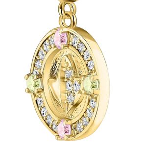 Boucles d'oreilles pendantes en cristal rond or rose vert avec motif feuille en relief et détail pierre scintillante, bijoux fantaisie pour femme - Product Image 2