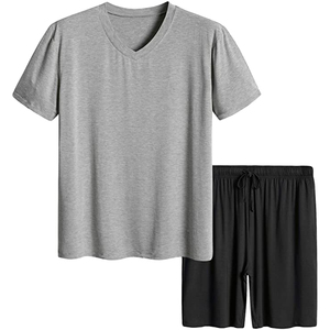 Men's V-Neck Short Sleeve T-Shirt Gray Shorts Set Oversized Solid Color Casual Knitted Cotton Breathable Summer Wear Custom - Product Image 5