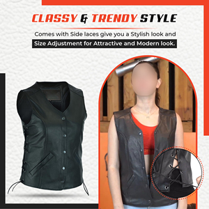 Custom Factory <b>Women</b> Real Leather Motorcycle Vest Side Corset Lacing Snap Button Biker <b>Waistcoat</b> Wholesale - Product Image 4