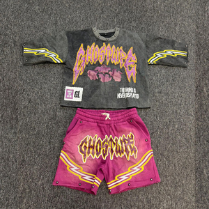 Custom Summer Heavyweight 100% Cotton Streetwear Matching Set Graphic Print Sweatshirt Shorts <b>Distressed</b> Edge Rivet Detail OEM - Product Image 4