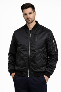 Blouson Bomber Noir Premium pour Homme, Classique, Zippé, Léger, Décontracté, Style Urbain, Coupe Ajustée, Col Côtelé, Style Motard, Manches Longues - Product Image 4