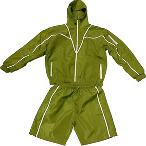 Unisex Olive Green Windbreaker Tracksuit Set Hooded Jacket Drawstring Shorts Quick Dry Lightweight 100% Cotton Full Sleeve - Product Image 1