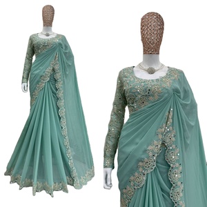 Robe de soirée indienne pour mariage, sari de créateur avec blouse non cousue, design ethnique moderne, lavable au meilleur prix - Product Image 1
