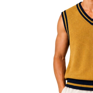 Gilet pull sans manches en maille pour homme, jaune moutarde à rayures contrastées, col en V, léger, décontracté, personnalisable avec logo OEM - Product Image 3