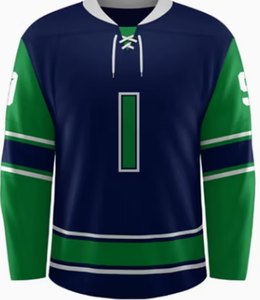 Maillot de hockey sur glace personnalisé pour hommes, manches longues, rayures bleu marine et vert, polyester respirant, col rond, uniforme adulte - Product Image 4