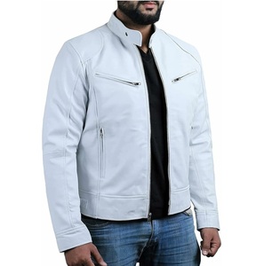 Chaqueta de Motociclista de Cuero Vacuno Azul para Hombre, Cuello Alto, Cierre de Cremallera, Corte Ajustado, Largo Regular, para Otoño - Product Image 4