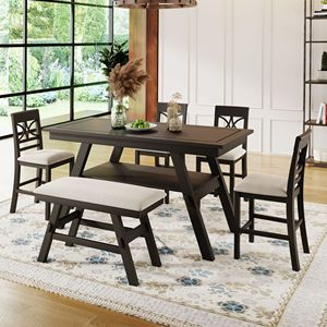 Tavolo da pranzo in legno stile rustico in 6 pezzi con ripiano con ripiano di stoccaggio comprende 4 sedie e panca per uso cucina - Product Image 1