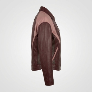 <b>Burgundy</b> Pink Womens Genuine <b>Leather</b> Trucker <b>Jacket</b> Curved Panel Color Block Biker Outerwear Snap Closure Casual Coat - Product Image 3