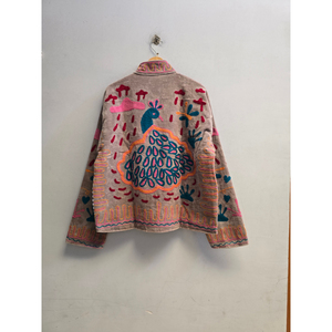 Chaqueta de lino bordada a mano para mujer con cuello mandarín, bordado floral bohemio y diseño Prairie Chic, estilo vintage corto - Product Image 5