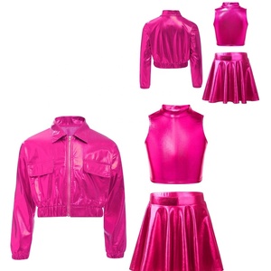 Conjunto de 3 piezas para niñas de 6 a 16 años: Chaqueta metálica, top corto de cuello alto y falda acampanada para venta al por mayor, ideal para baile de salón. - Product Image 4