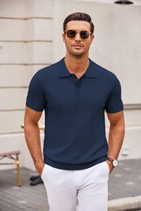 Men's <b>Navy</b> <b>Blue</b> Short Sleeve Knitted <b>Polo</b> <b>Shirt</b> Solid Color Casual Breathable Design Regular Fit - Product Image 5