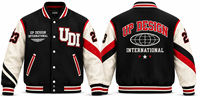 Veste universitaire noire personnalisée avec manches rouges et blanches, veste bomber brodée, fabricant de vêtements streetwear OEM, fournisseur en gros