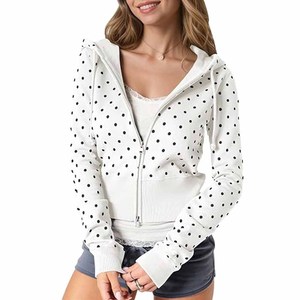 Sudadera con capucha blanca de lunares para mujer, sudadera de punto con cremallera y manga larga, longitud corta, ropa informal de primavera para la universidad - Product Image 1