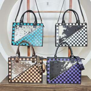 Ensemble 2 pièces tendance 2026 le plus vendu : Sac fourre-tout et portefeuille en cuir de vachette fait main pour femme, motif à carreaux, ensemble assorti - Product Image 5