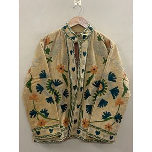 Hand Embroidered <b>Velvet</b> Knitted Cotton <b>Jacket</b> Women Mandarin Collar Full Sleeve Floral Pattern Open Front Prairie Winter/Spring - Product Image 1